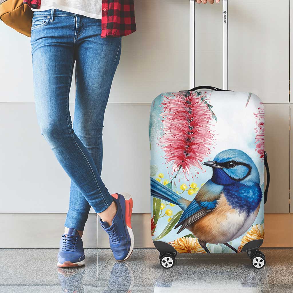 Splendid Fairy-wren Australia Luggage Cover Aussie National Flowers - Watercolor Style