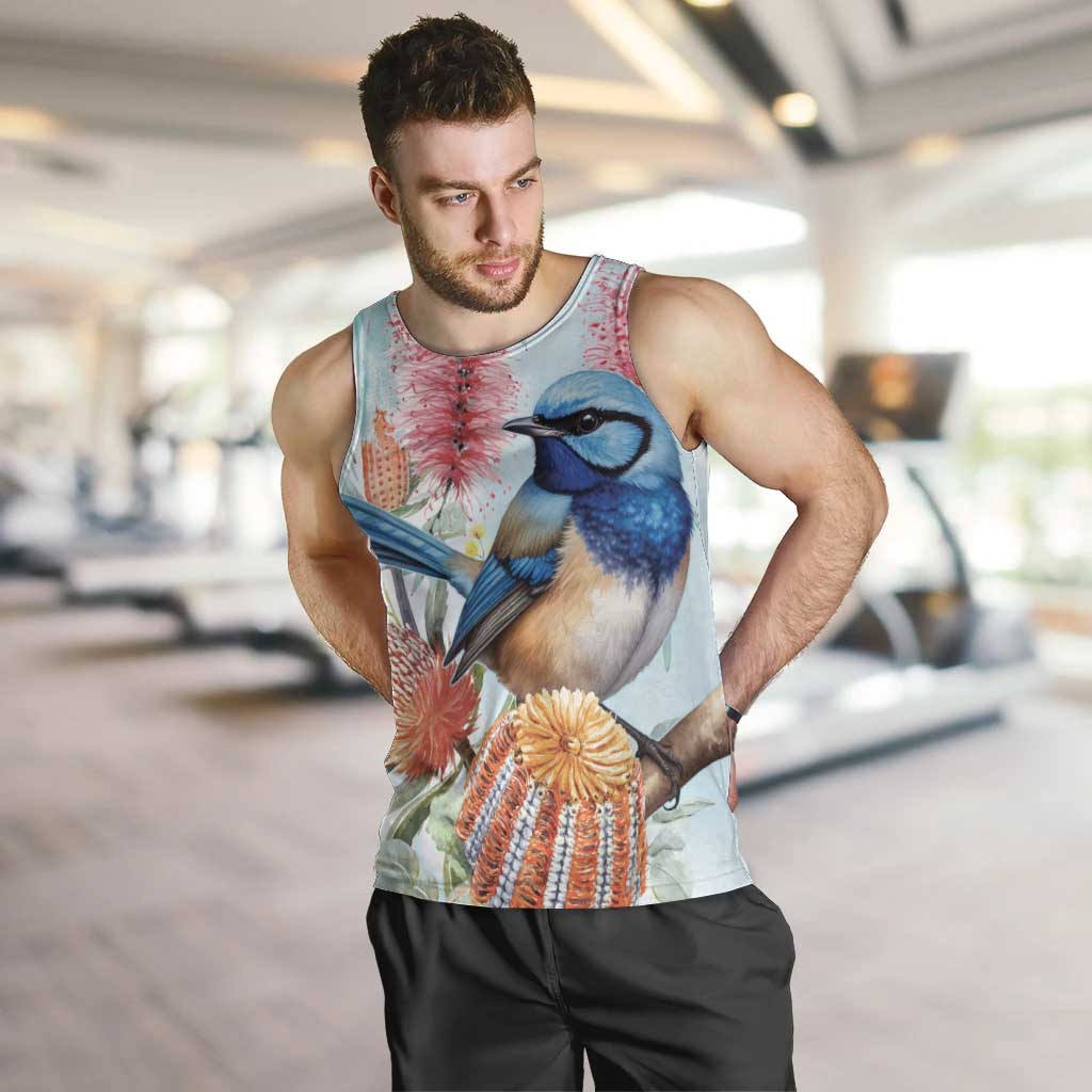 Splendid Fairy-wren Australia Men Tank Top Aussie National Flowers - Watercolor Style