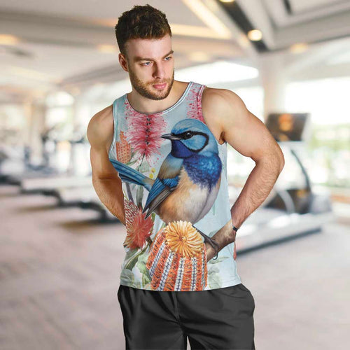 Splendid Fairy-wren Australia Men Tank Top Aussie National Flowers - Watercolor Style