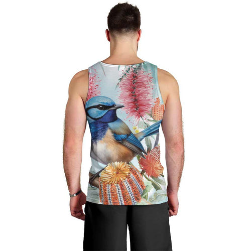 Splendid Fairy-wren Australia Men Tank Top Aussie National Flowers - Watercolor Style