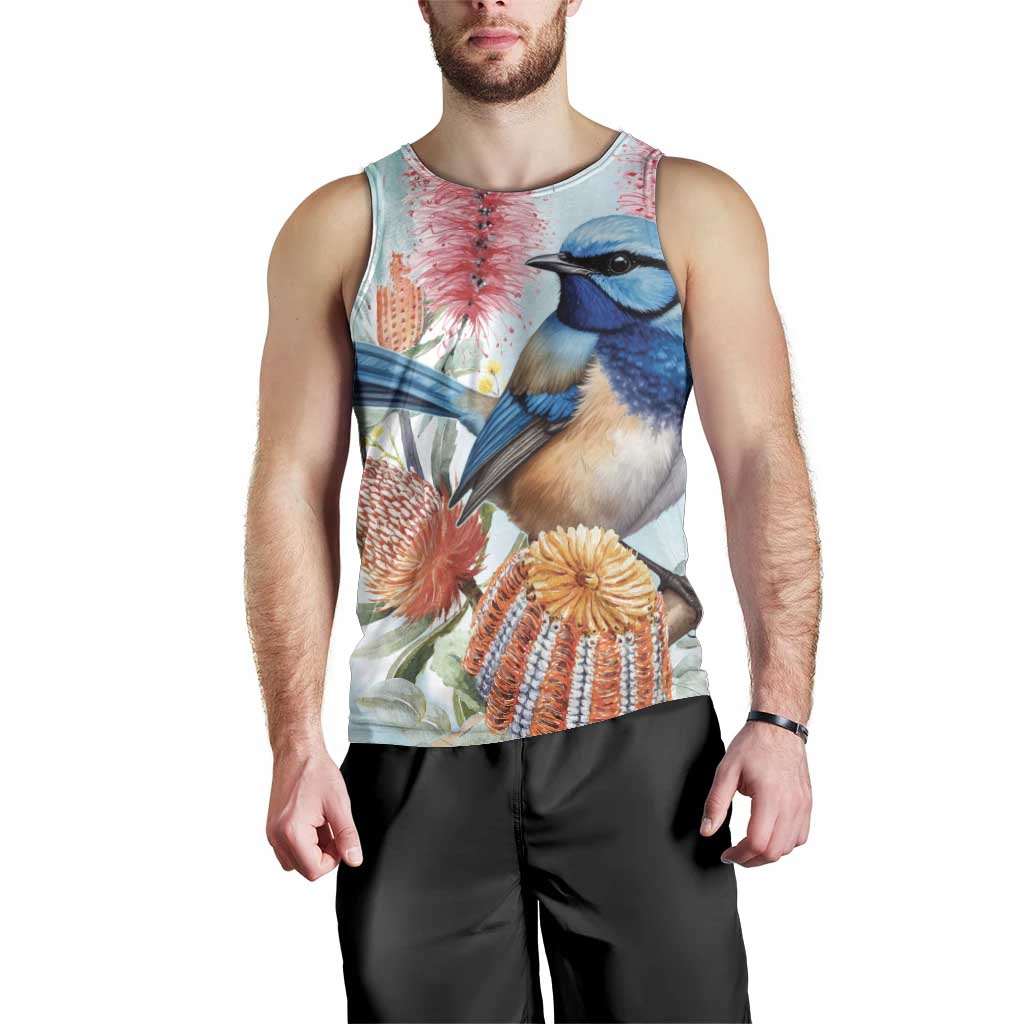 Splendid Fairy-wren Australia Men Tank Top Aussie National Flowers - Watercolor Style