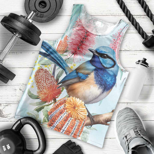 Splendid Fairy-wren Australia Men Tank Top Aussie National Flowers - Watercolor Style