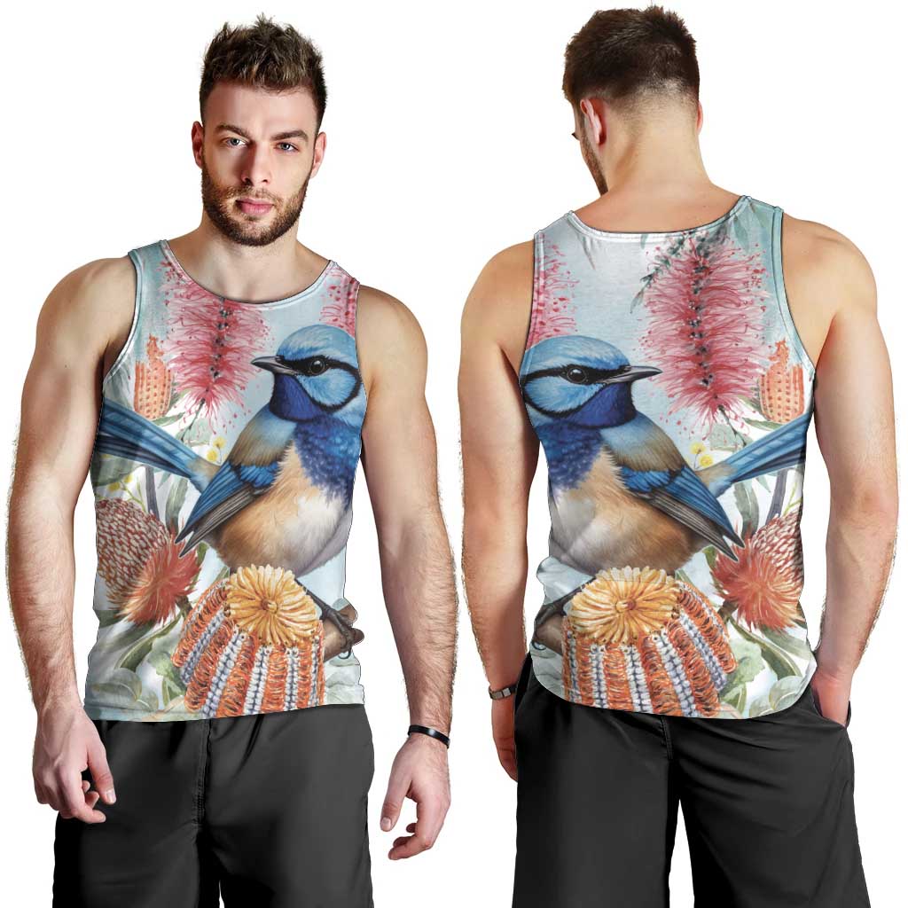 Splendid Fairy-wren Australia Men Tank Top Aussie National Flowers - Watercolor Style