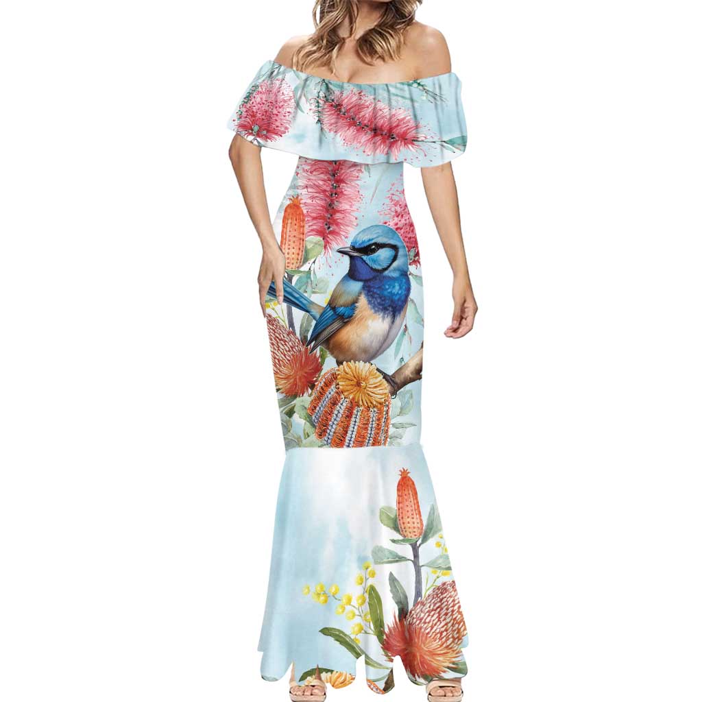 Splendid Fairy-wren Australia Mermaid Dress Aussie National Flowers - Watercolor Style