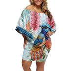 Splendid Fairy-wren Australia Off Shoulder Short Dress Aussie National Flowers - Watercolor Style