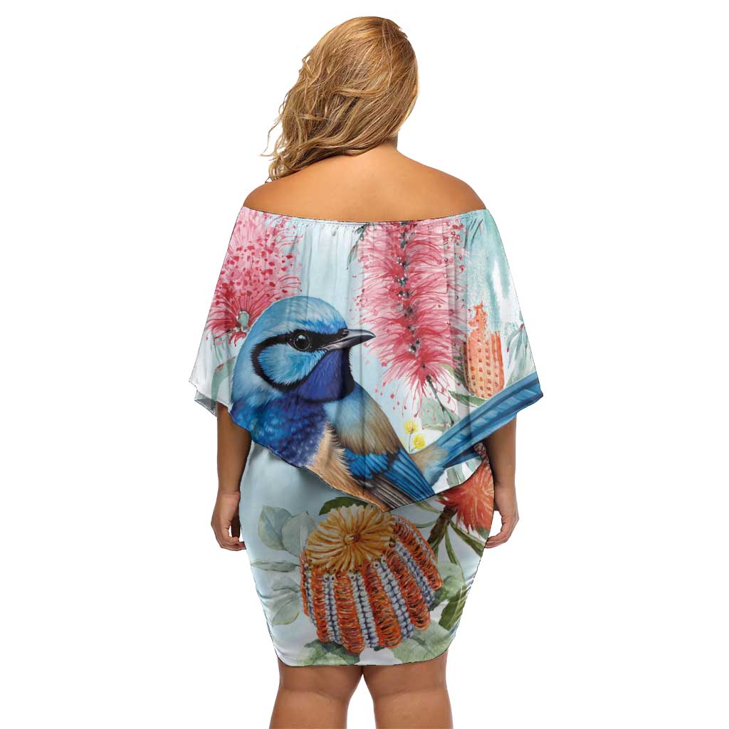Splendid Fairy-wren Australia Off Shoulder Short Dress Aussie National Flowers - Watercolor Style