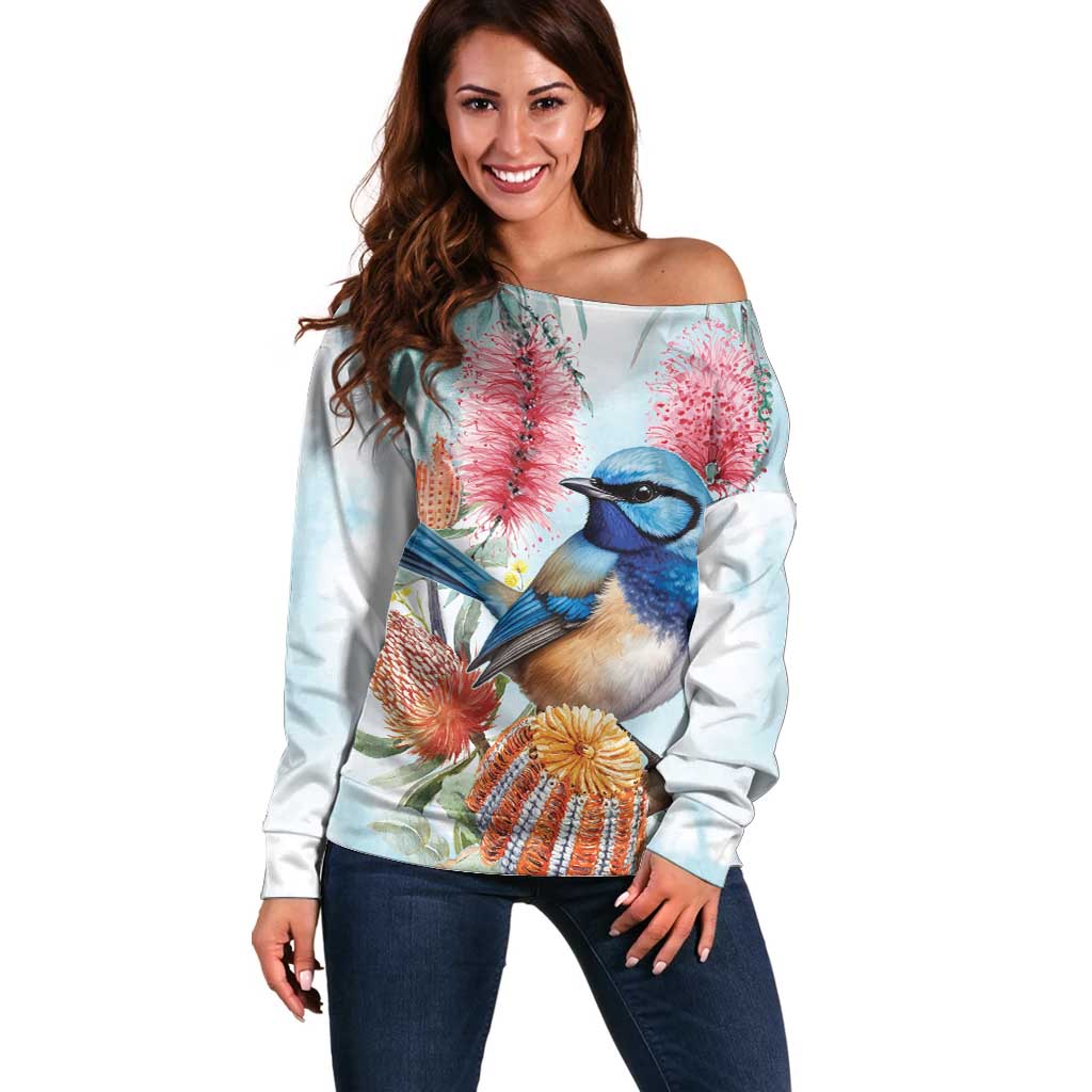 Splendid Fairy-wren Australia Off Shoulder Sweater Aussie National Flowers - Watercolor Style