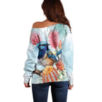 Splendid Fairy-wren Australia Off Shoulder Sweater Aussie National Flowers - Watercolor Style