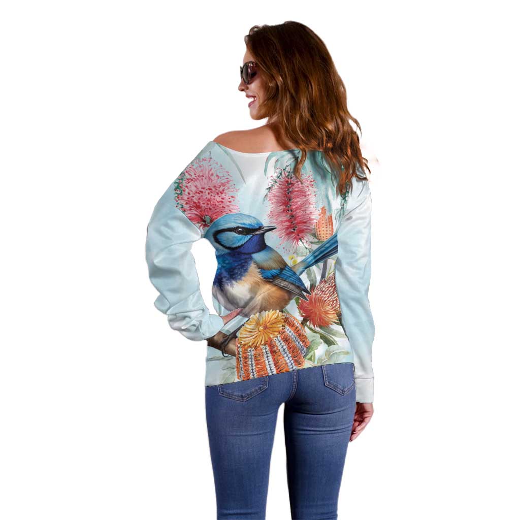 Splendid Fairy-wren Australia Off Shoulder Sweater Aussie National Flowers - Watercolor Style