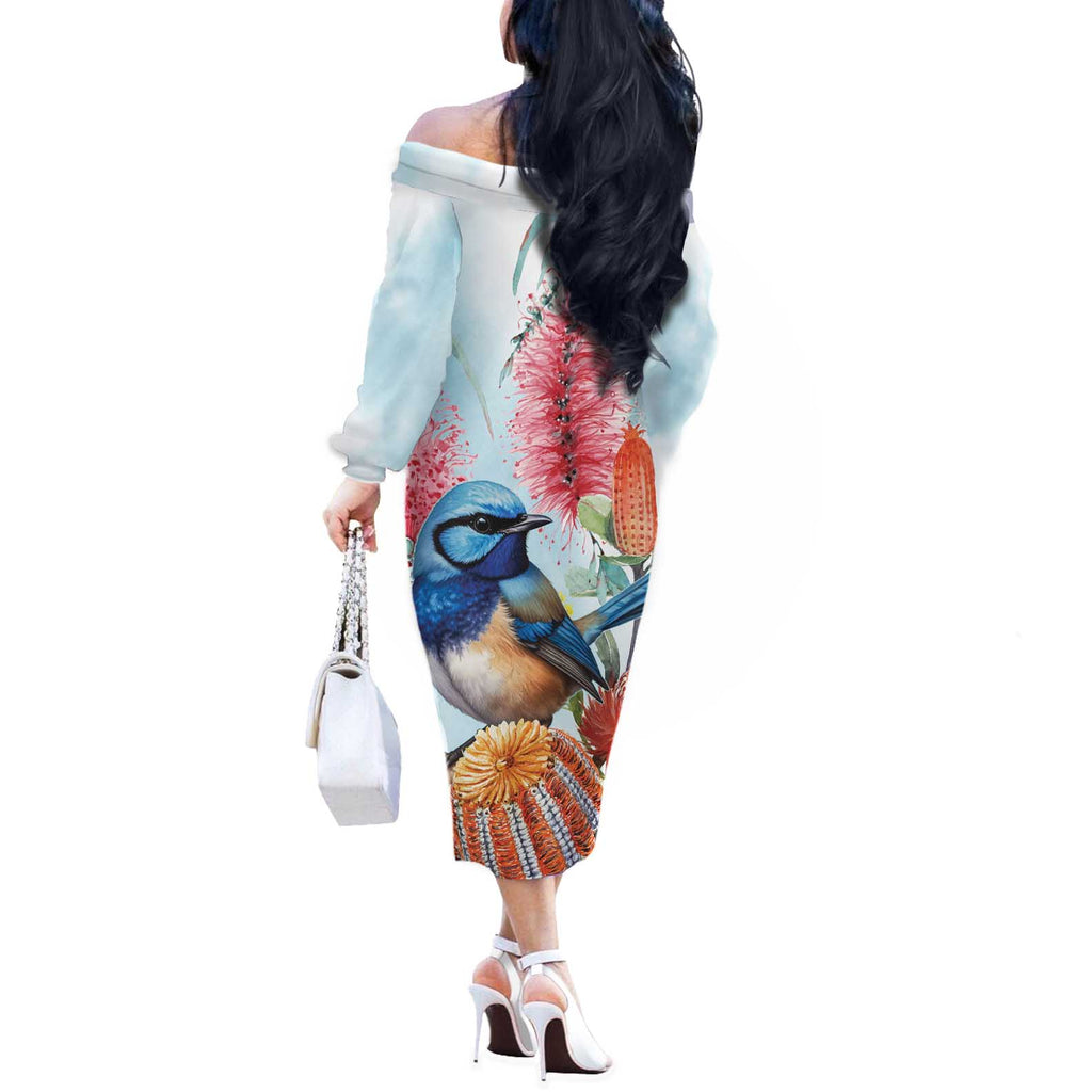 Splendid Fairy-wren Australia Off The Shoulder Long Sleeve Dress Aussie National Flowers - Watercolor Style