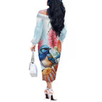 Splendid Fairy-wren Australia Off The Shoulder Long Sleeve Dress Aussie National Flowers - Watercolor Style
