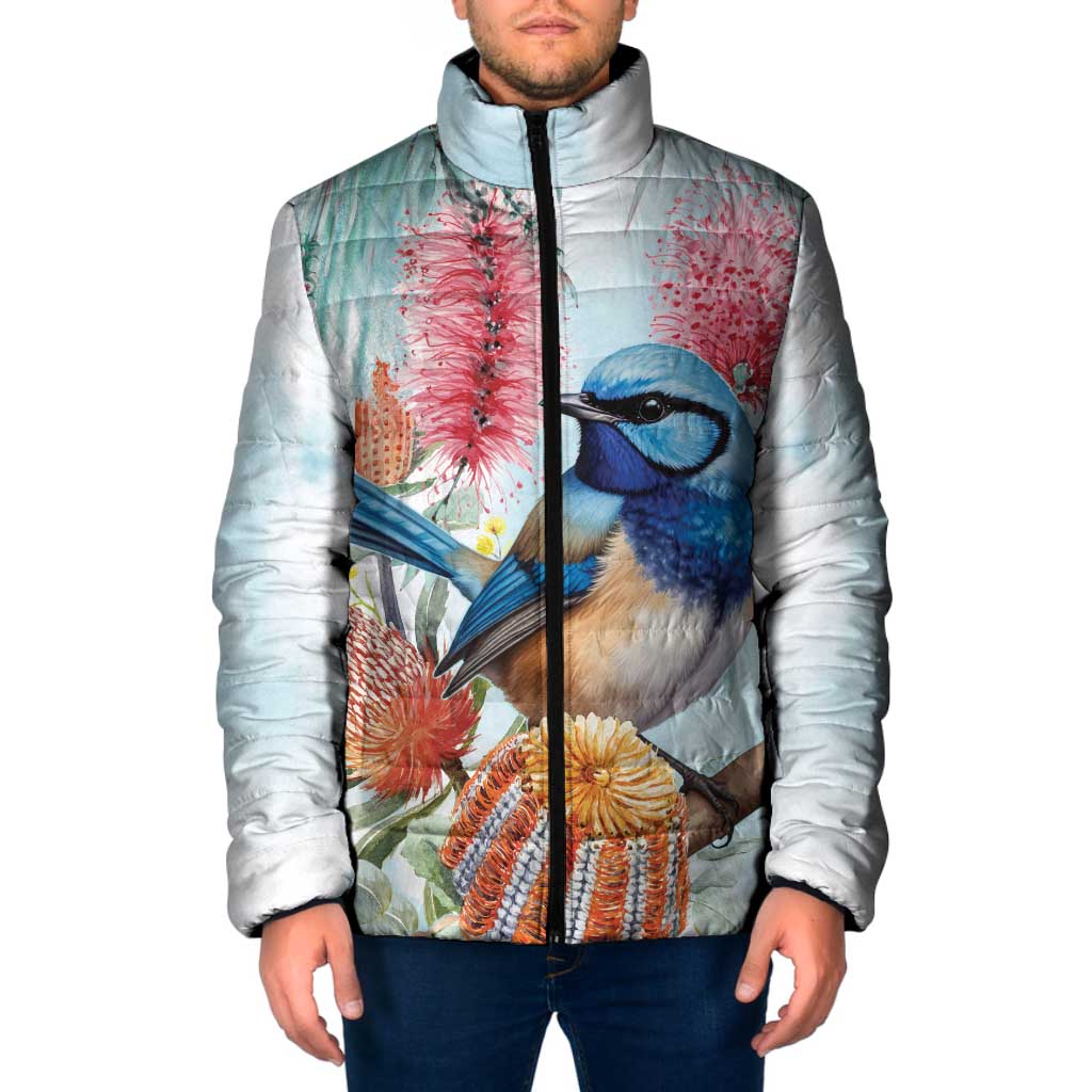 Splendid Fairy-wren Australia Padded Jacket Aussie National Flowers - Watercolor Style - Aussie Hoodie