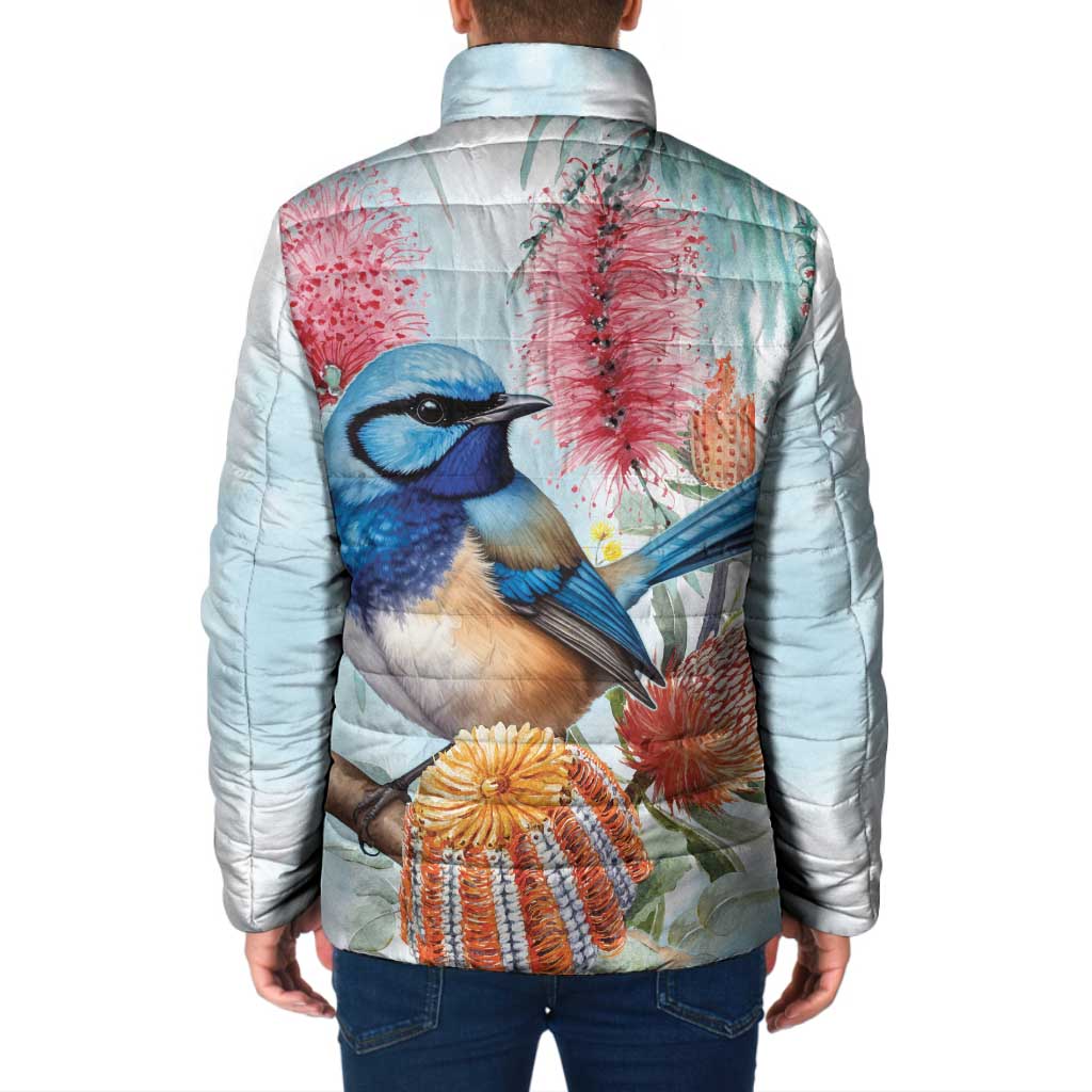 Splendid Fairy-wren Australia Padded Jacket Aussie National Flowers - Watercolor Style - Aussie Hoodie