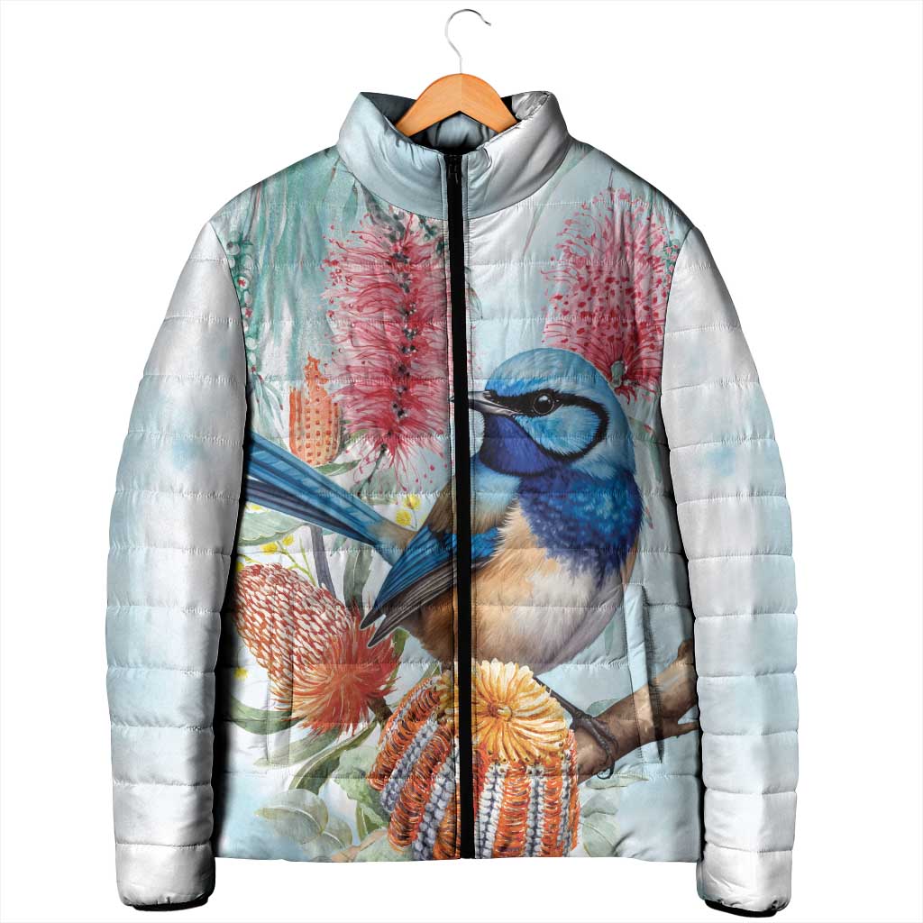 Splendid Fairy-wren Australia Padded Jacket Aussie National Flowers - Watercolor Style - Aussie Hoodie