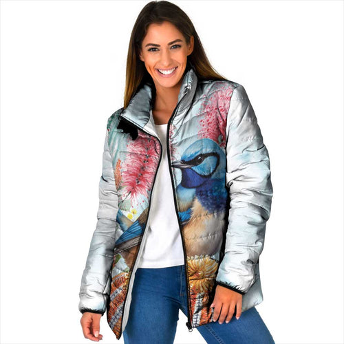 Splendid Fairy-wren Australia Padded Jacket Aussie National Flowers - Watercolor Style - Aussie Hoodie