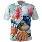 Splendid Fairy-wren Australia Polo Shirt Aussie National Flowers - Watercolor Style