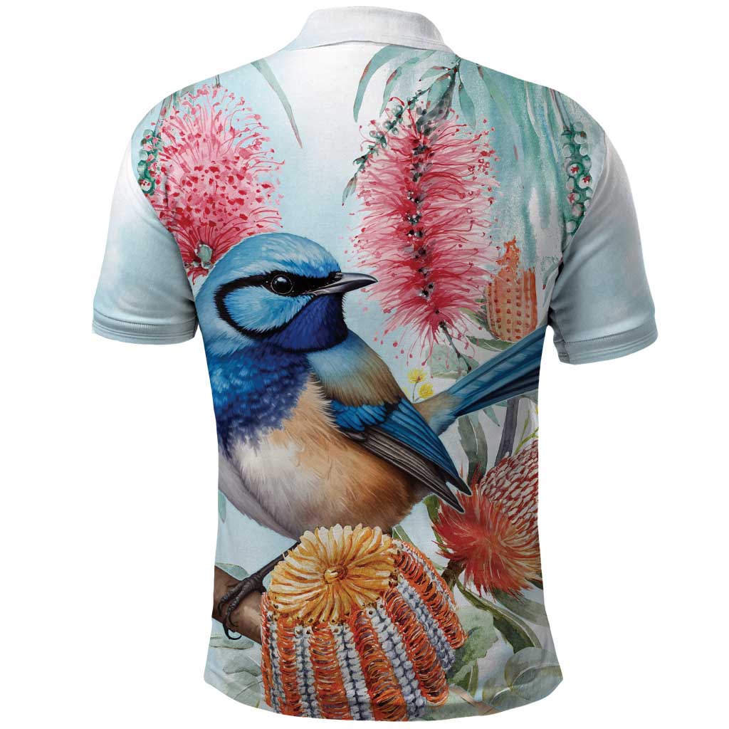 Splendid Fairy-wren Australia Polo Shirt Aussie National Flowers - Watercolor Style