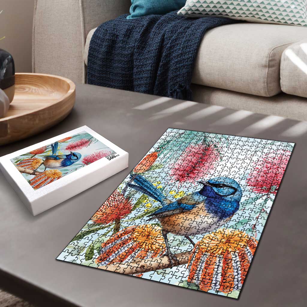 Splendid Fairy-wren Australia Puzzle Aussie National Flowers - Watercolor Style - Aussie Hoodie