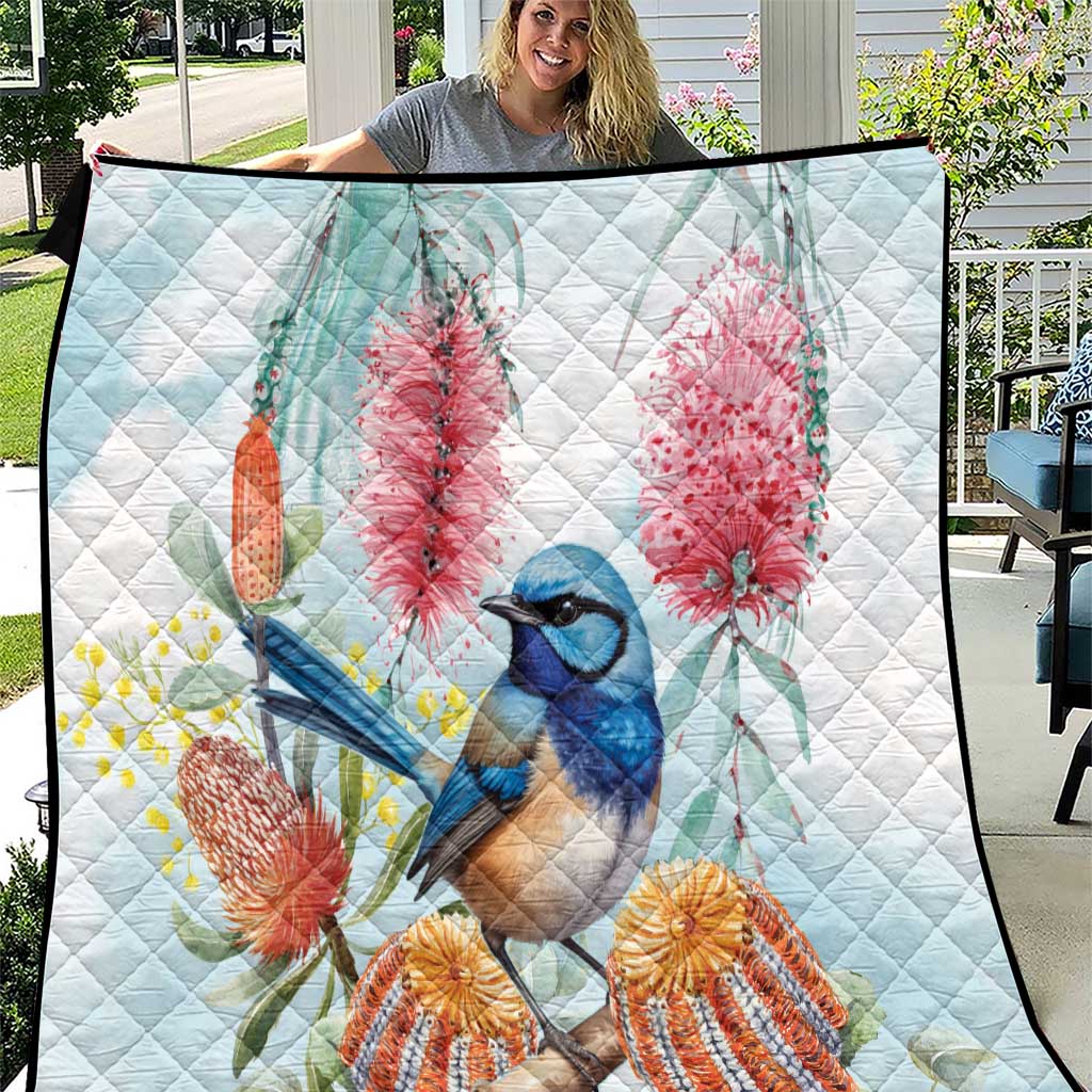 Splendid Fairy-wren Australia Quilt Aussie National Flowers - Watercolor Style