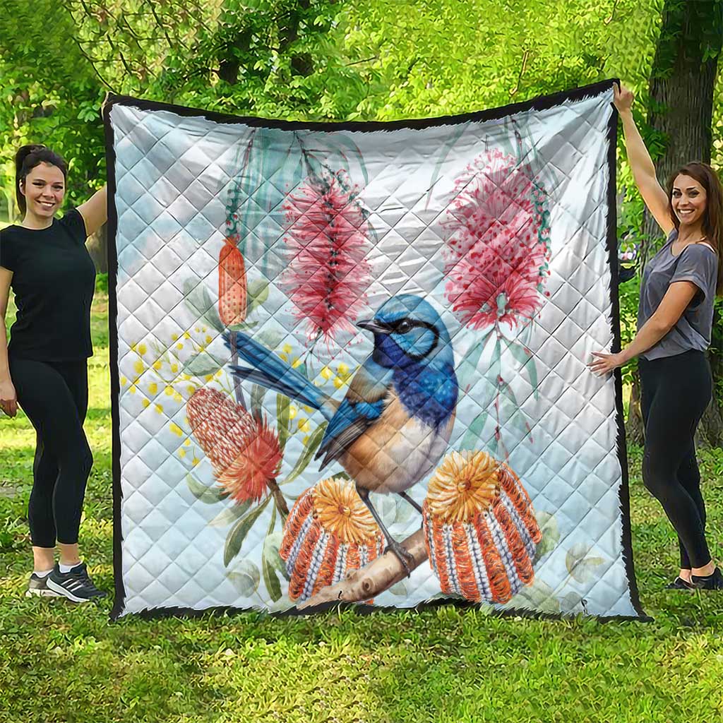 Splendid Fairy-wren Australia Quilt Aussie National Flowers - Watercolor Style