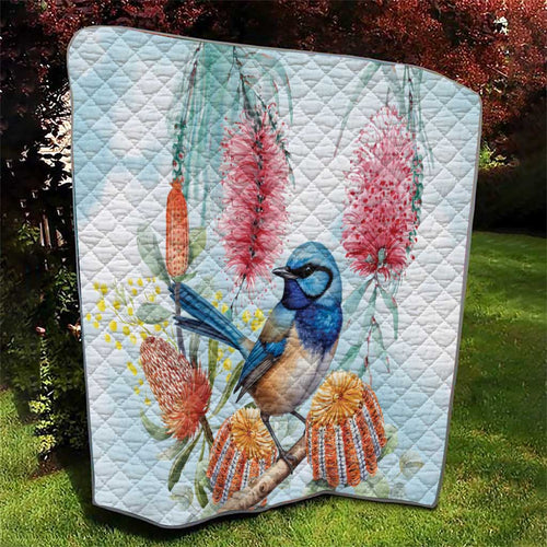 Splendid Fairy-wren Australia Quilt Aussie National Flowers - Watercolor Style