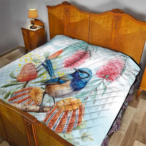Splendid Fairy-wren Australia Quilt Aussie National Flowers - Watercolor Style