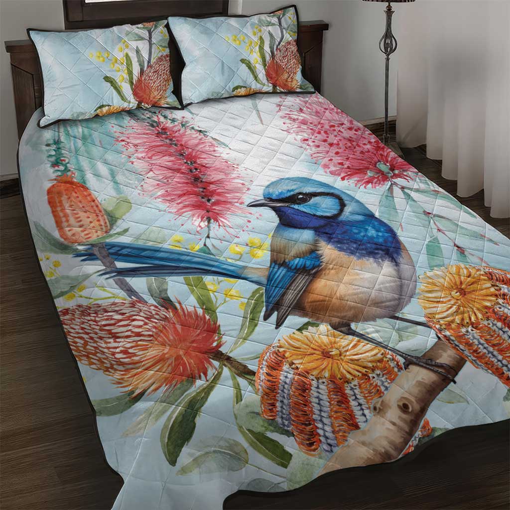 Splendid Fairy-wren Australia Quilt Bed Set Aussie National Flowers - Watercolor Style