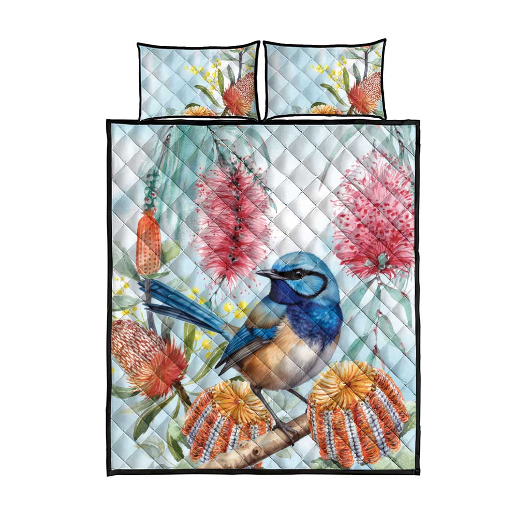 Splendid Fairy-wren Australia Quilt Bed Set Aussie National Flowers - Watercolor Style