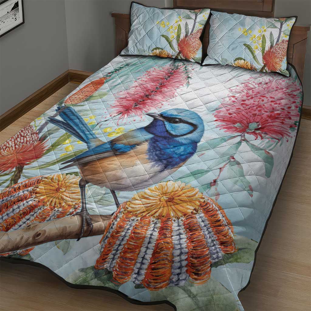 Splendid Fairy-wren Australia Quilt Bed Set Aussie National Flowers - Watercolor Style