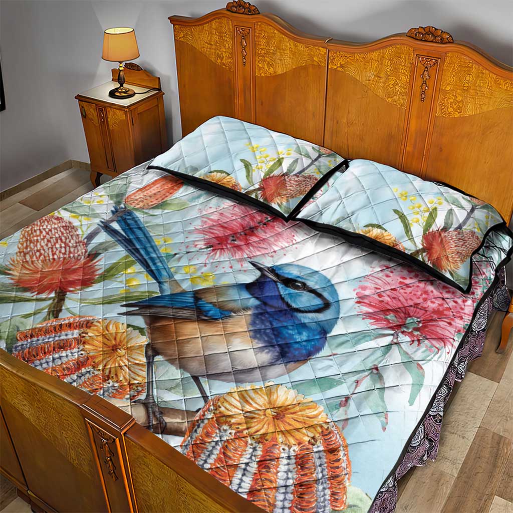 Splendid Fairy-wren Australia Quilt Bed Set Aussie National Flowers - Watercolor Style