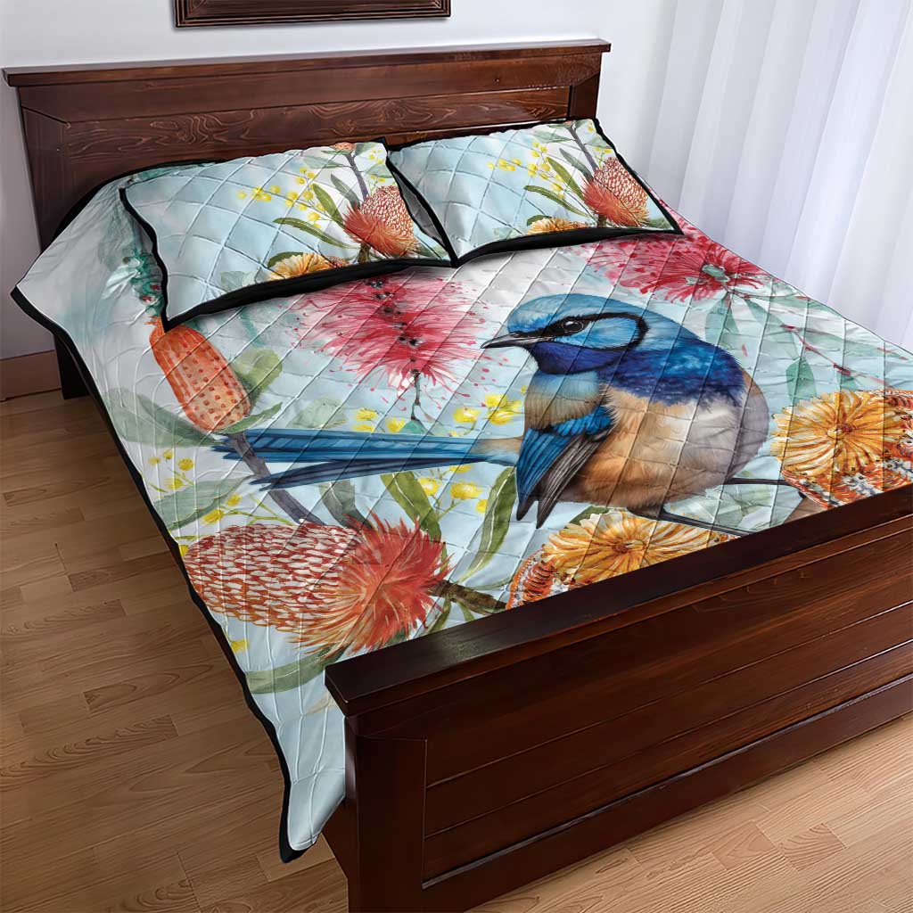 Splendid Fairy-wren Australia Quilt Bed Set Aussie National Flowers - Watercolor Style