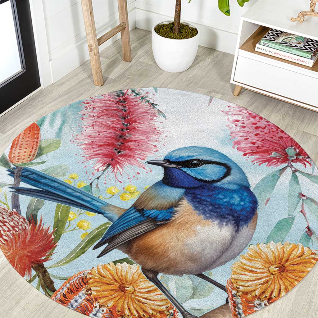Splendid Fairy-wren Australia Round Carpet Aussie National Flowers - Watercolor Style