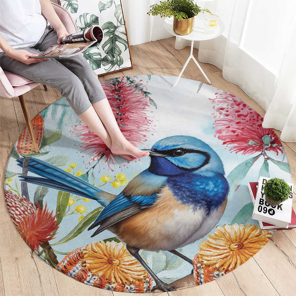 Splendid Fairy-wren Australia Round Carpet Aussie National Flowers - Watercolor Style