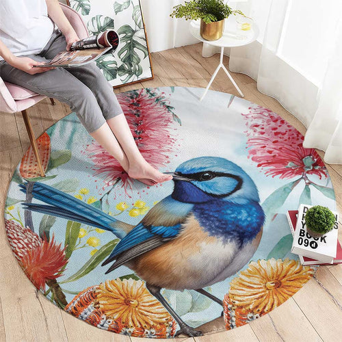 Splendid Fairy-wren Australia Round Carpet Aussie National Flowers - Watercolor Style