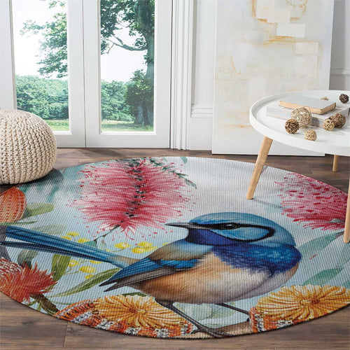 Splendid Fairy-wren Australia Round Carpet Aussie National Flowers - Watercolor Style