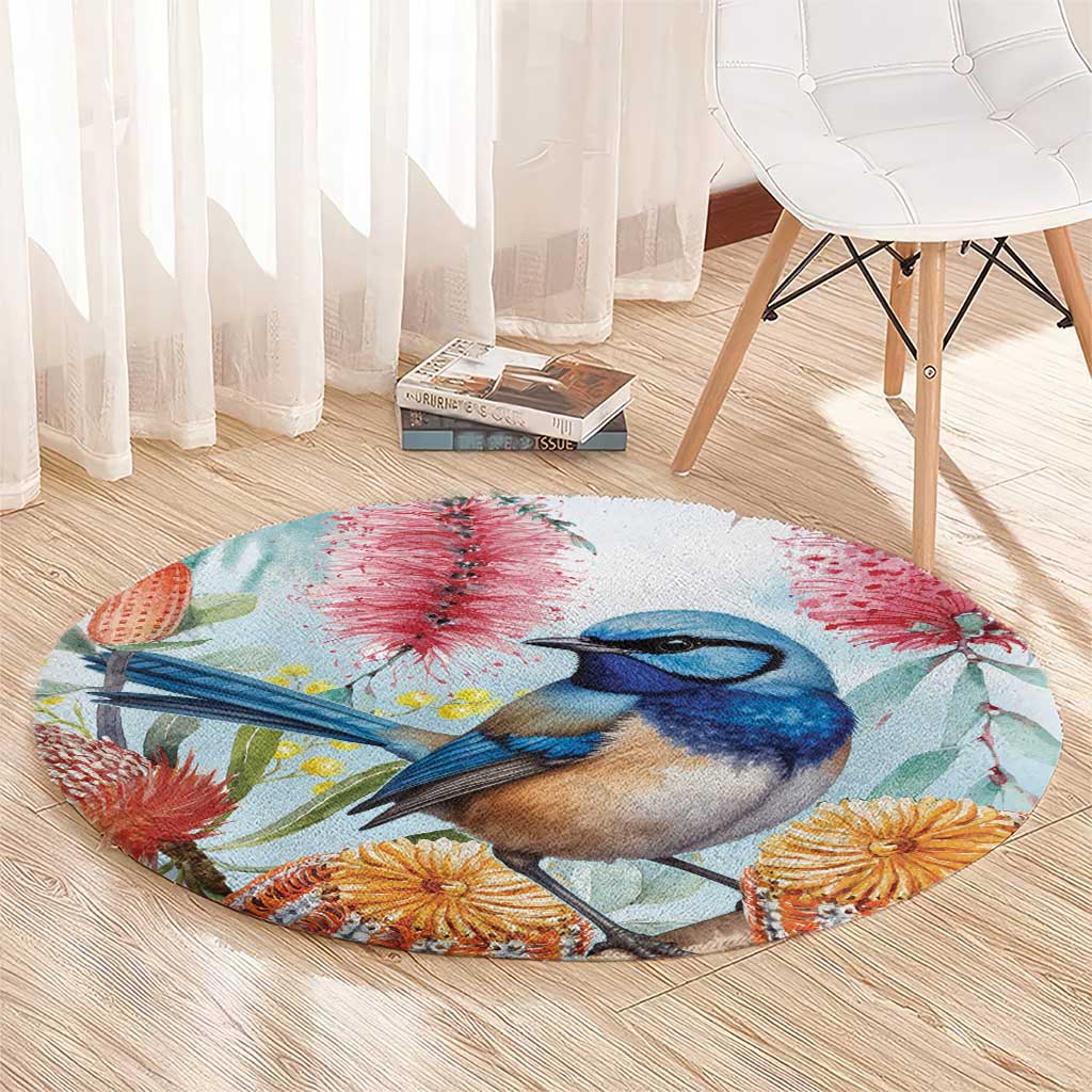 Splendid Fairy-wren Australia Round Carpet Aussie National Flowers - Watercolor Style