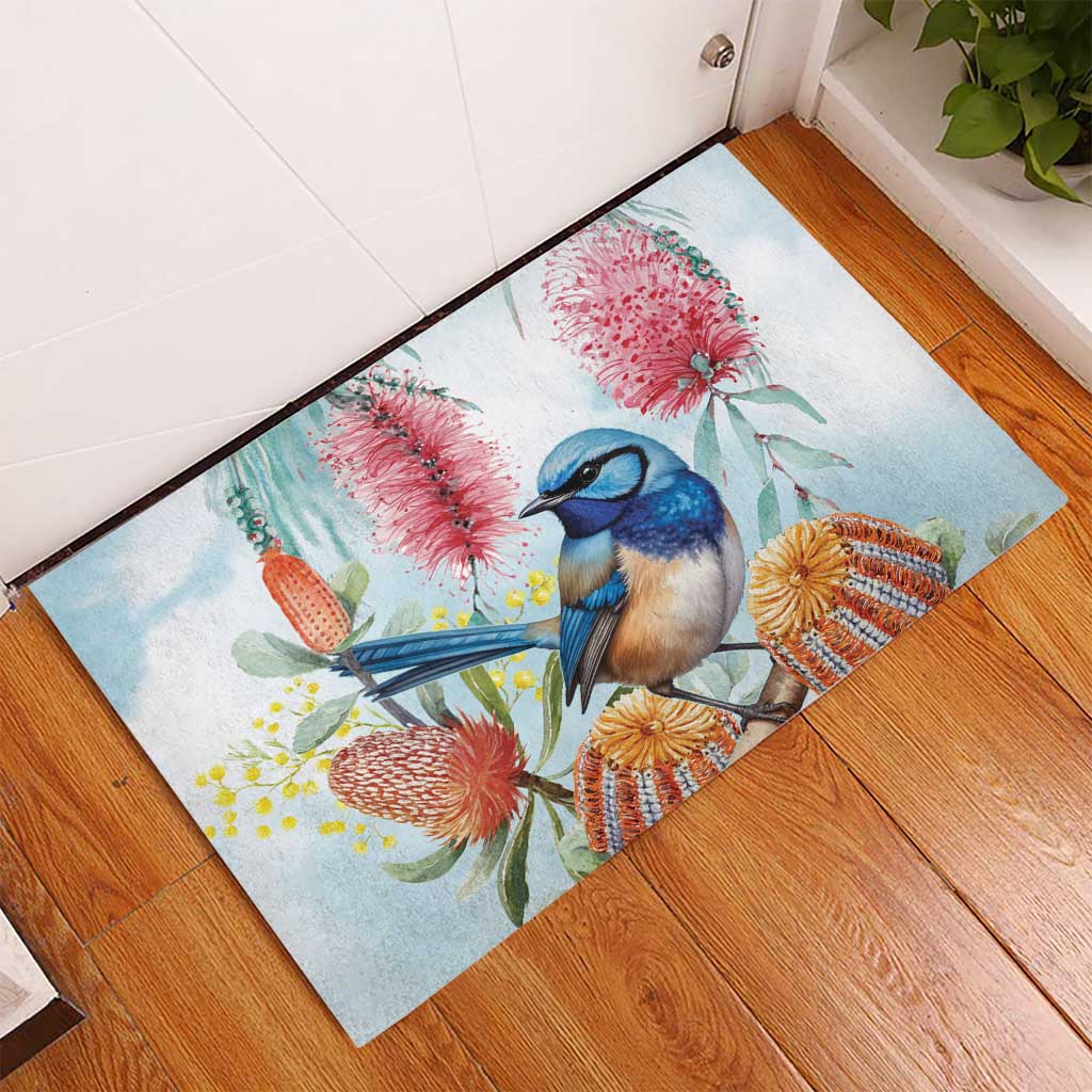 Splendid Fairy-wren Australia Rubber Doormat Aussie National Flowers - Watercolor Style
