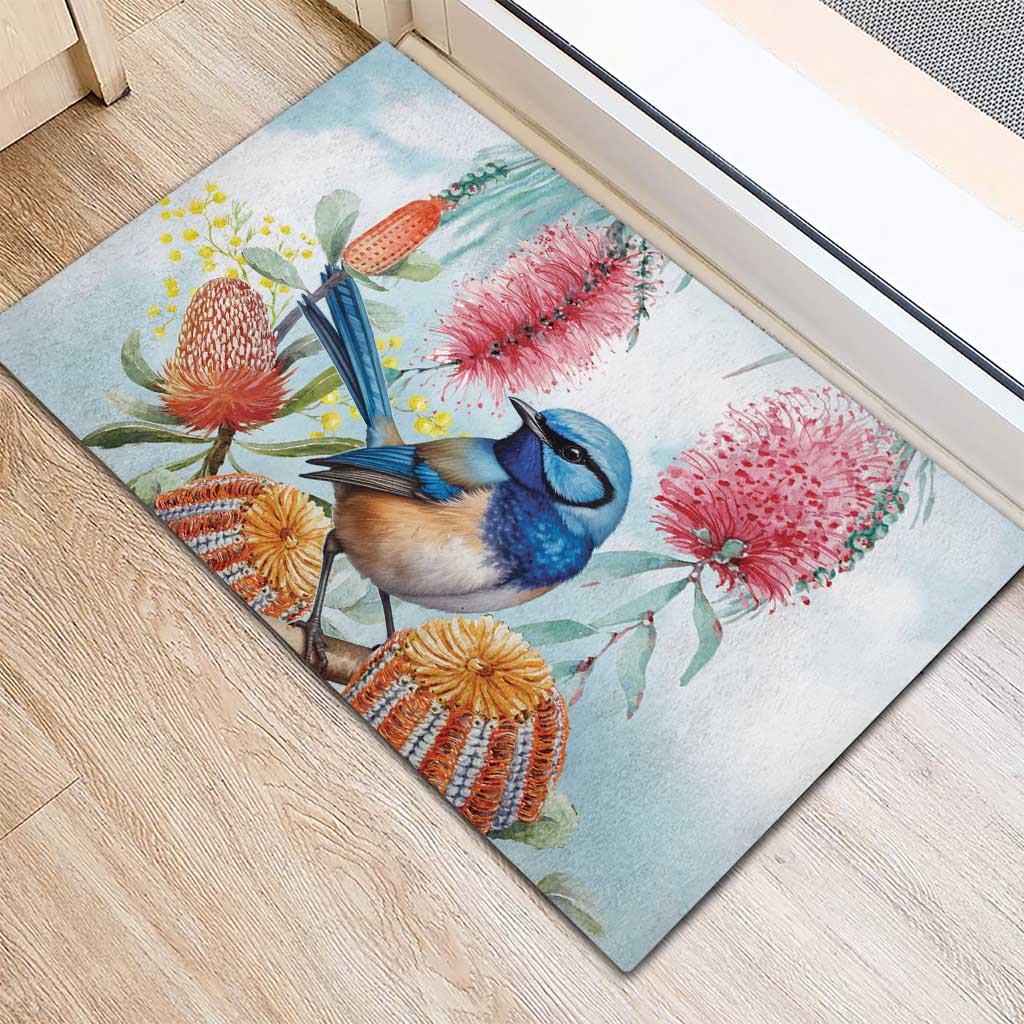 Splendid Fairy-wren Australia Rubber Doormat Aussie National Flowers - Watercolor Style