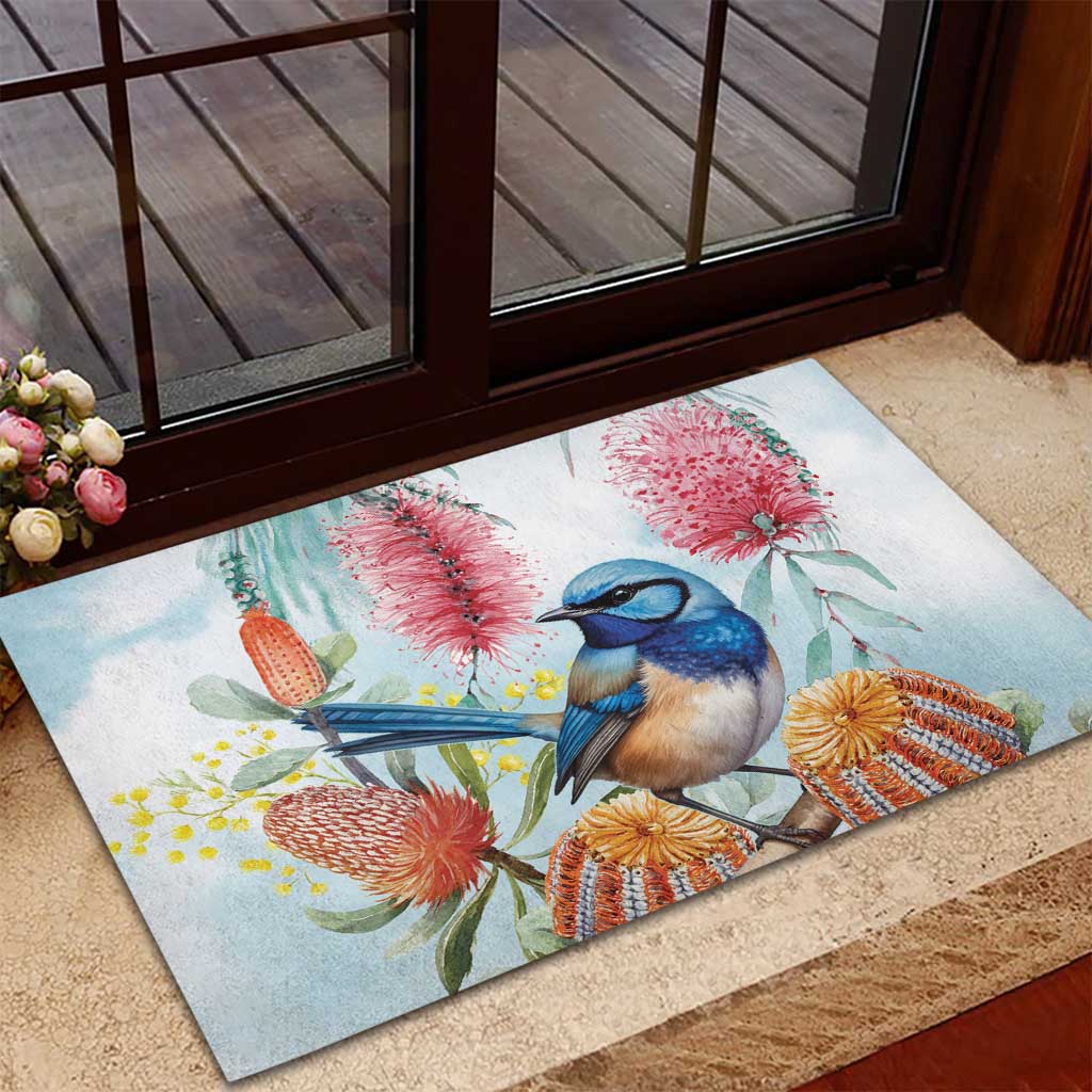 Splendid Fairy-wren Australia Rubber Doormat Aussie National Flowers - Watercolor Style
