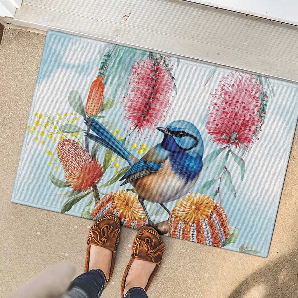 Splendid Fairy-wren Australia Rubber Doormat Aussie National Flowers - Watercolor Style