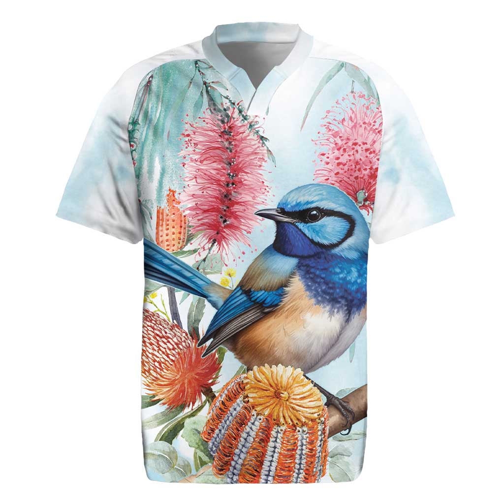 Splendid Fairy-wren Australia Rugby Jersey Aussie National Flowers - Watercolor Style