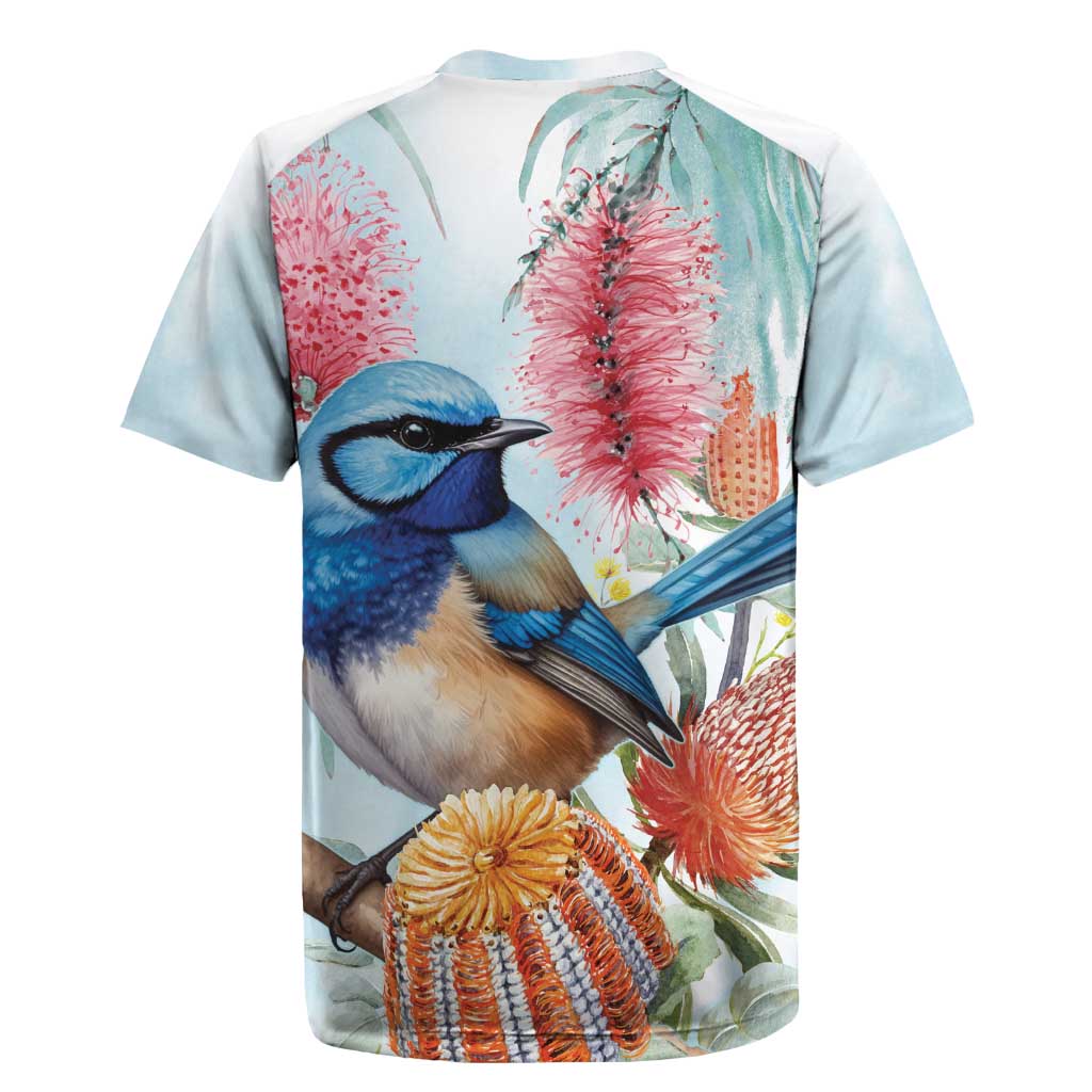 Splendid Fairy-wren Australia Rugby Jersey Aussie National Flowers - Watercolor Style