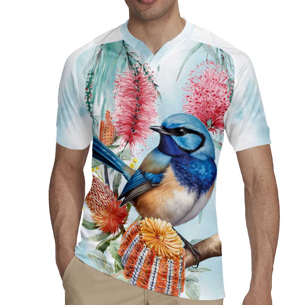 Splendid Fairy-wren Australia Rugby Jersey Aussie National Flowers - Watercolor Style