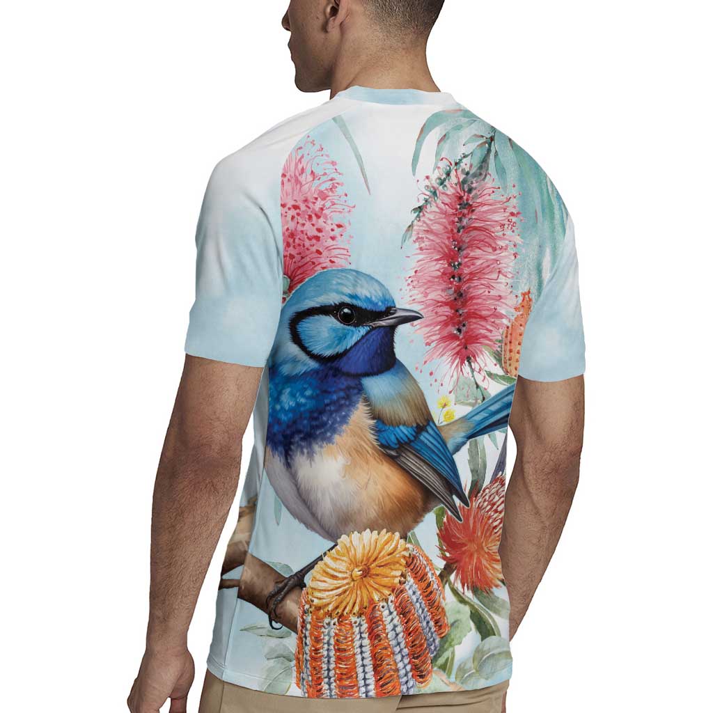 Splendid Fairy-wren Australia Rugby Jersey Aussie National Flowers - Watercolor Style