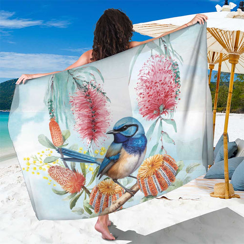Splendid Fairy-wren Australia Sarong Aussie National Flowers - Watercolor Style
