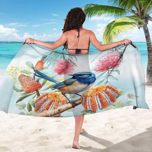 Splendid Fairy-wren Australia Sarong Aussie National Flowers - Watercolor Style