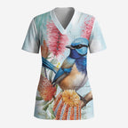 Splendid Fairy-wren Australia Scrub Top Aussie National Flowers - Watercolor Style - Aussie Hoodie