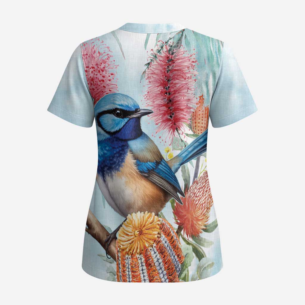 Splendid Fairy-wren Australia Scrub Top Aussie National Flowers - Watercolor Style - Aussie Hoodie