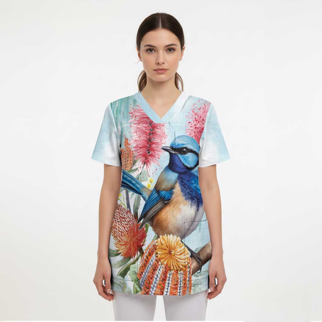 Splendid Fairy-wren Australia Scrub Top Aussie National Flowers - Watercolor Style - Aussie Hoodie