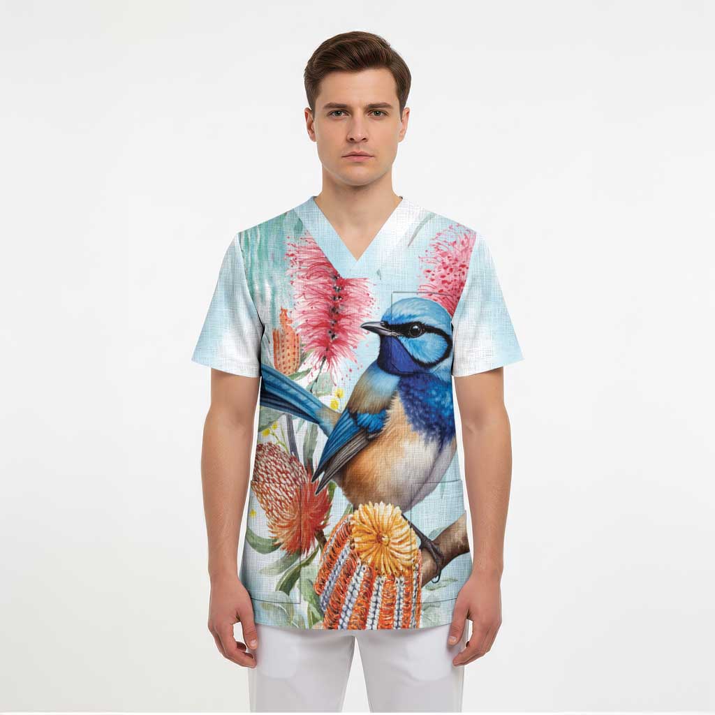 Splendid Fairy-wren Australia Scrub Top Aussie National Flowers - Watercolor Style - Aussie Hoodie